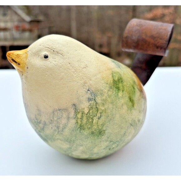 Folk Art Clay Art Pottery Bird Figure w/ Wrought Iron Tail Handcrafted Mexico - Picture 2 of 13